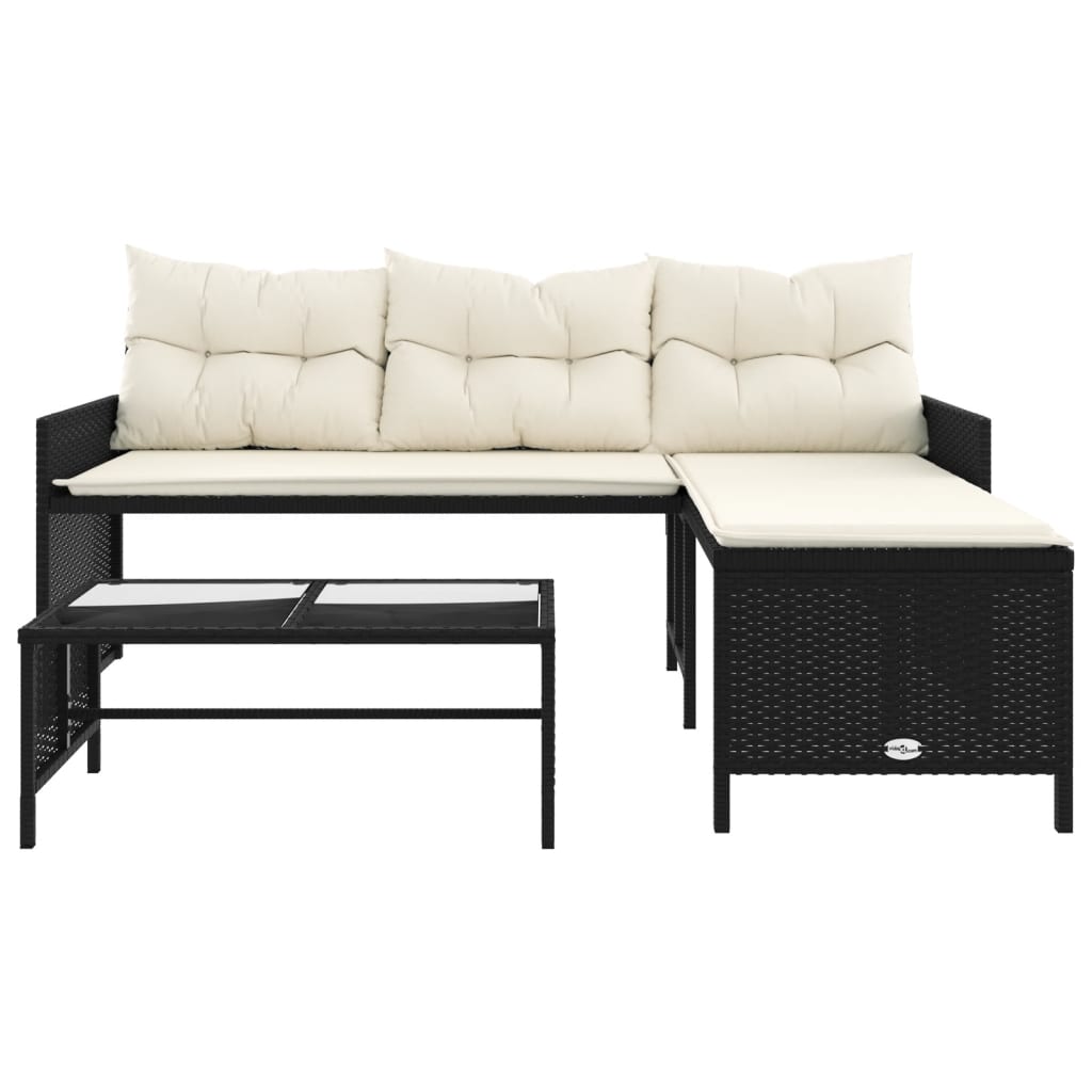 L Shaped Garden Sofa Set with Table and Cushions Black Poly Rattan