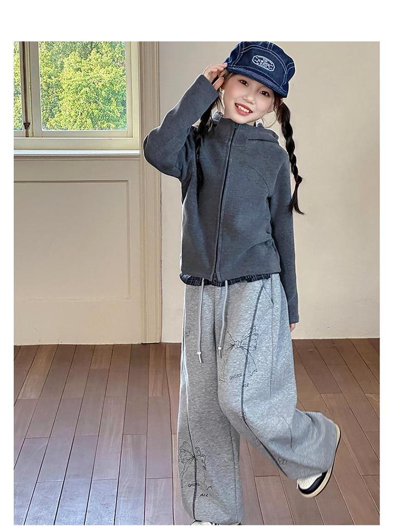 2025 Girls' Spring/Autumn Cardigan & Wide-Leg Pants Set - Hooded Casual Two-Piece Outfit