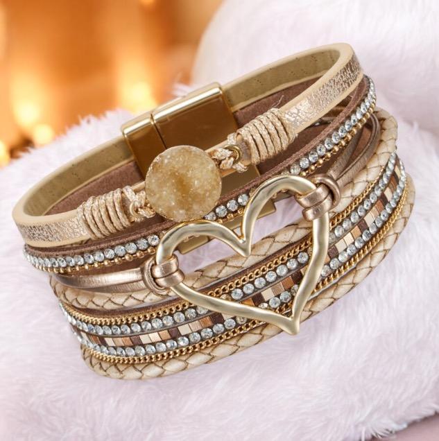 Women' multicolored leather braided bracelet with beige stone