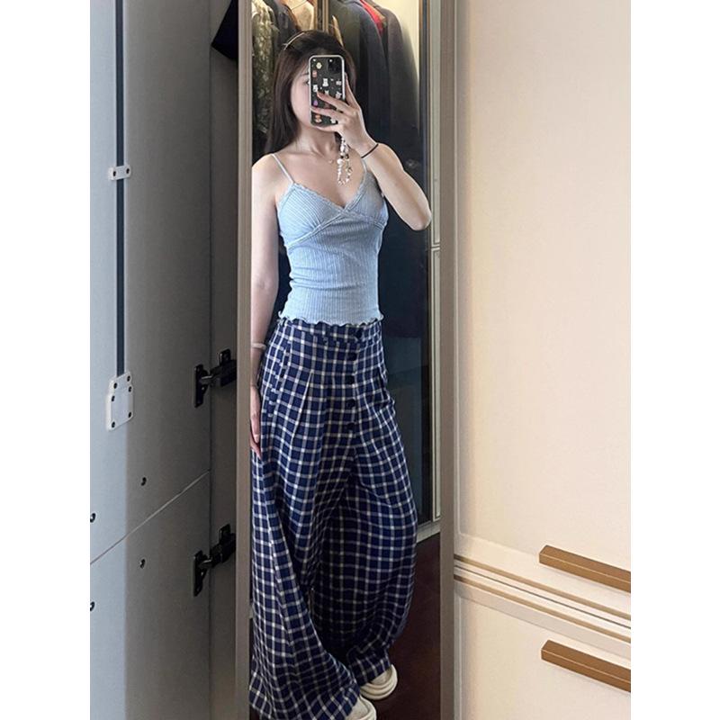 

Women s High-Waist Blue Plaid Wide-Leg Trousers – Early Autumn 2024 Collection 3XL