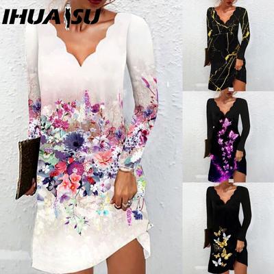 Women's Fashion Autumn Winter Long Sleeve V-Neck Casual Dresses
