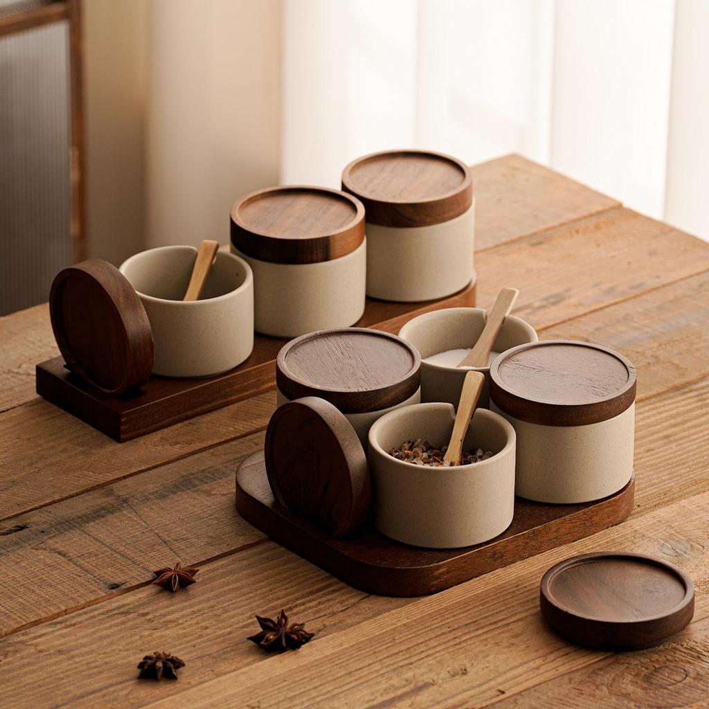 Japanese Ceramic Spice Jar Set: Kitchen Seasoning Box for MSG, Salt, and Chili.