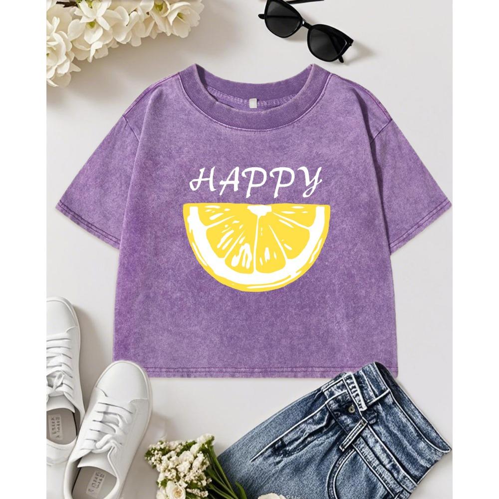 Happy Fruit Lemon Printed Washed Crop T-Shirt Women Summer O-Neck T Shirt Slim Cotton Short Sleeve Soft Casual
