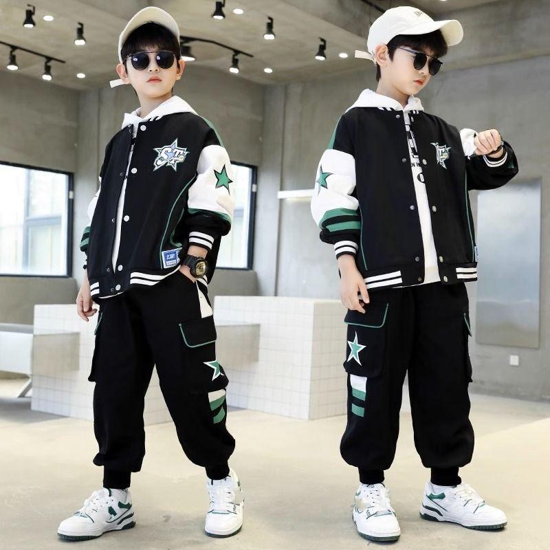 Children's Clothing Handsome Boys Spring Corduroy Zipper Long-sleeved Leisure Sports Two-piece Spring and Autumn Suit
