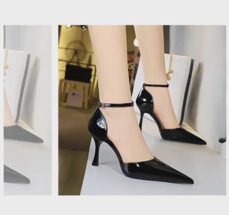 European & American High Heel Pointed Patent Leather One-Strap Sandals with Sexy Hollow Design