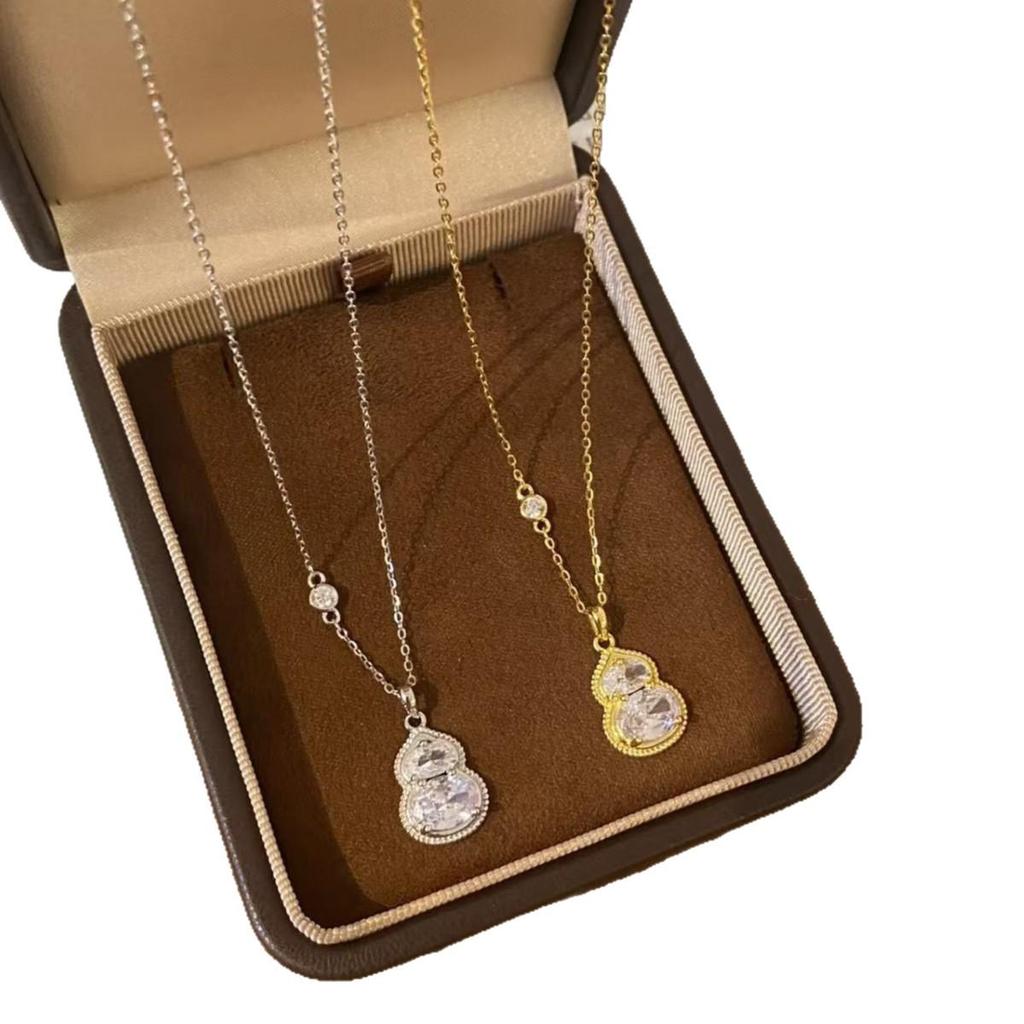 S925 Sterling Silver Chinese Style Zircon Gourd Necklace: Retro Luxury Design Clavicle Chain for Women.