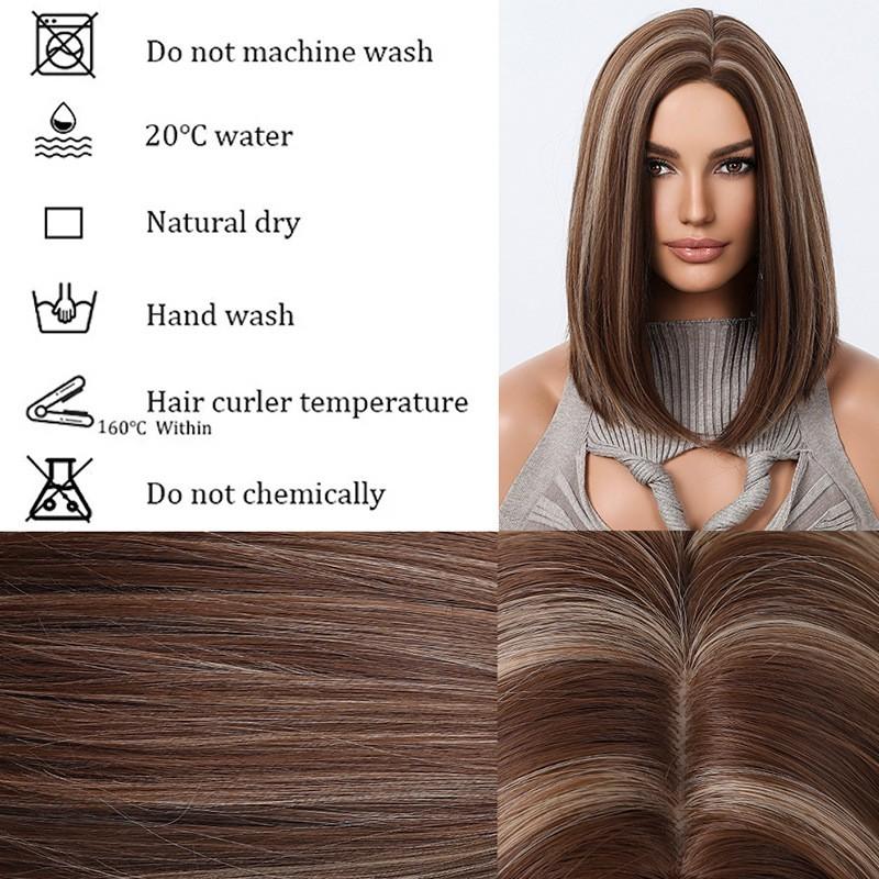 Womens Golden Brown Straight Bob Wig With Center Part Heat-Resistant Synthetic Hair Short Locks To Collarbone Length