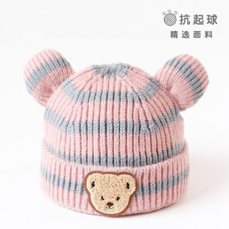 Baby autumn and winter children's knitted hats male and female baby striped bear head wool hat curled edge melon rind warm hat