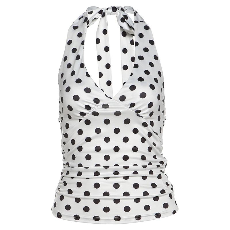 New Polka Dots Halter Neck Tank Tops Women Sexy Low-Neck Vest Slim Fit Off Shoulders Backless Short Tops Street Fashion Sexy Ruched Elegant Outfits