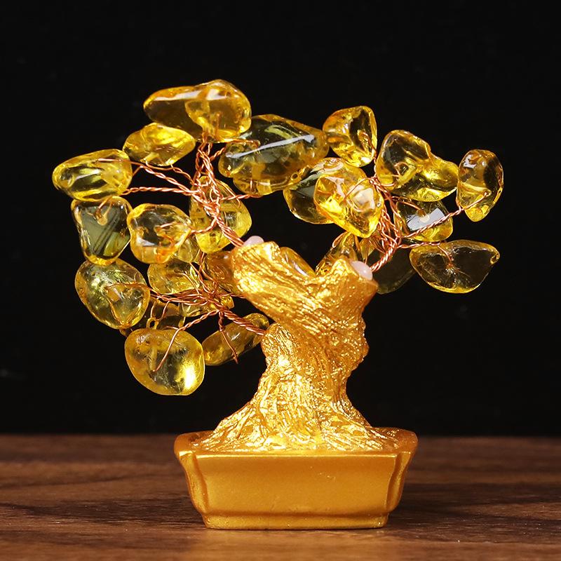Feng Shui Art Decoration Tabletop Lucky Wealth Tree 19cm 14cm Delicate Yellow Crystal Money Tree Ornament Home Office Shop