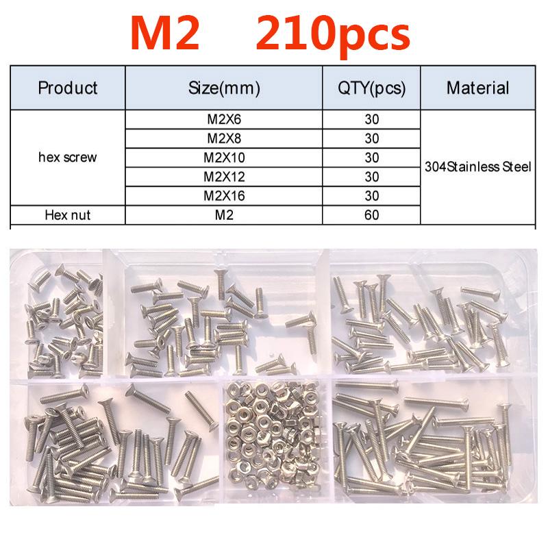 

210-500 шт. Винт с шестигранной головкой, метрический потайной M2 M2.5 M3, набор машинных винтов с плоской головкой, нержавеющая сталь, болт с головкой под шестигранник