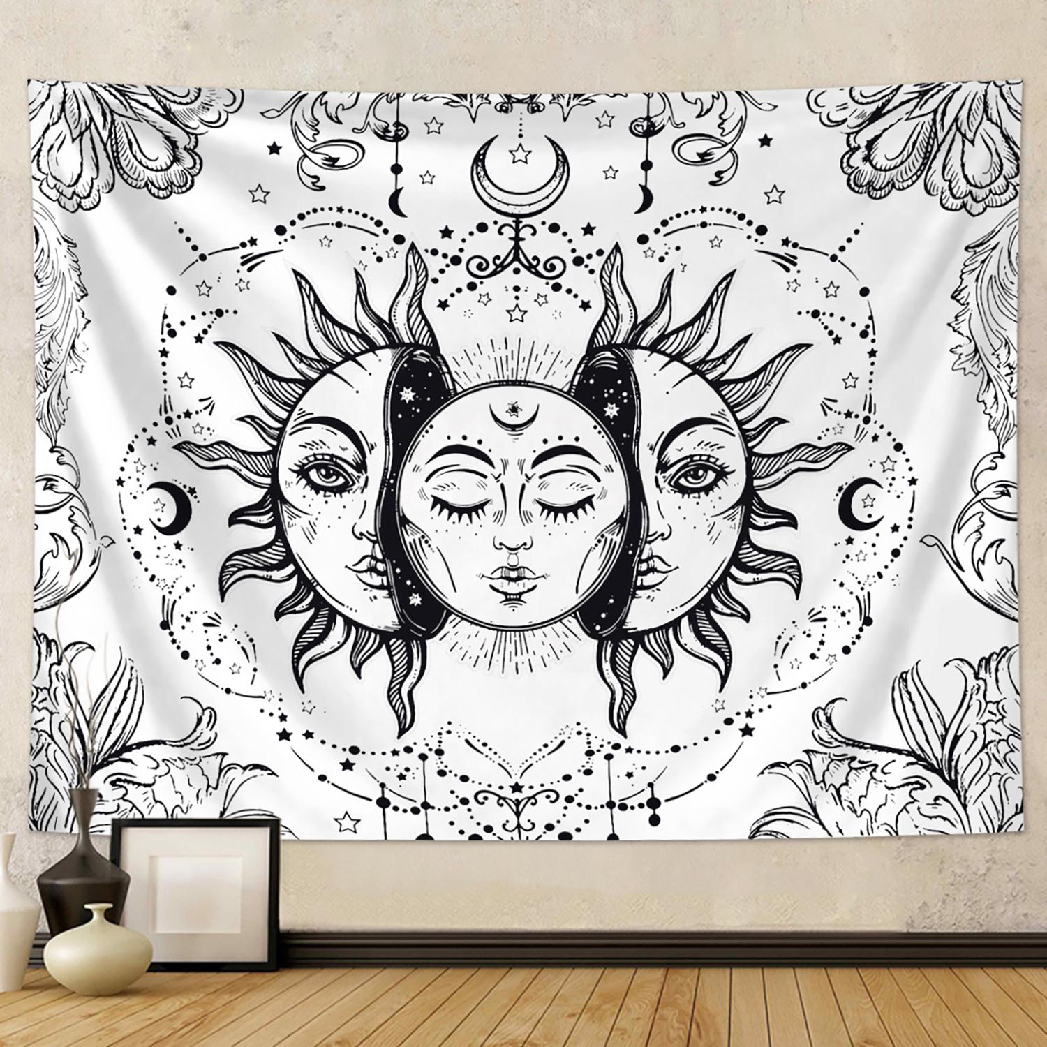 

1pc Sun Moon Tapestry, Burning Sun and Stars Tapestry, Black and White Mysterious Tarot Card Tapestry 73x95cm