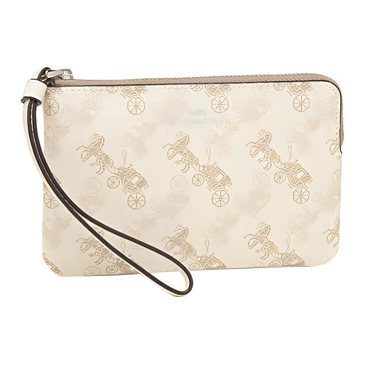 New COACH Corner Zip Coated Canvas With Smooth Leather Coin Purse, Clutch Women's Cream White 88083-SVQB9