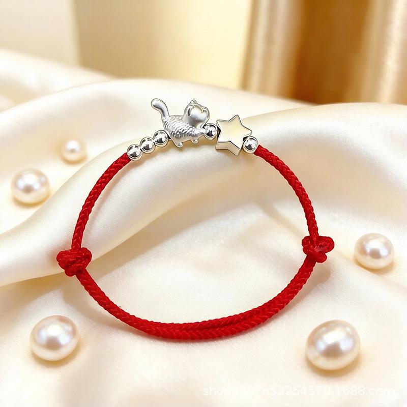 Sterling Silver 999 Woven Cat & Star Red Rope Bracelet - Chinese Style Birthday Gift for Couples
