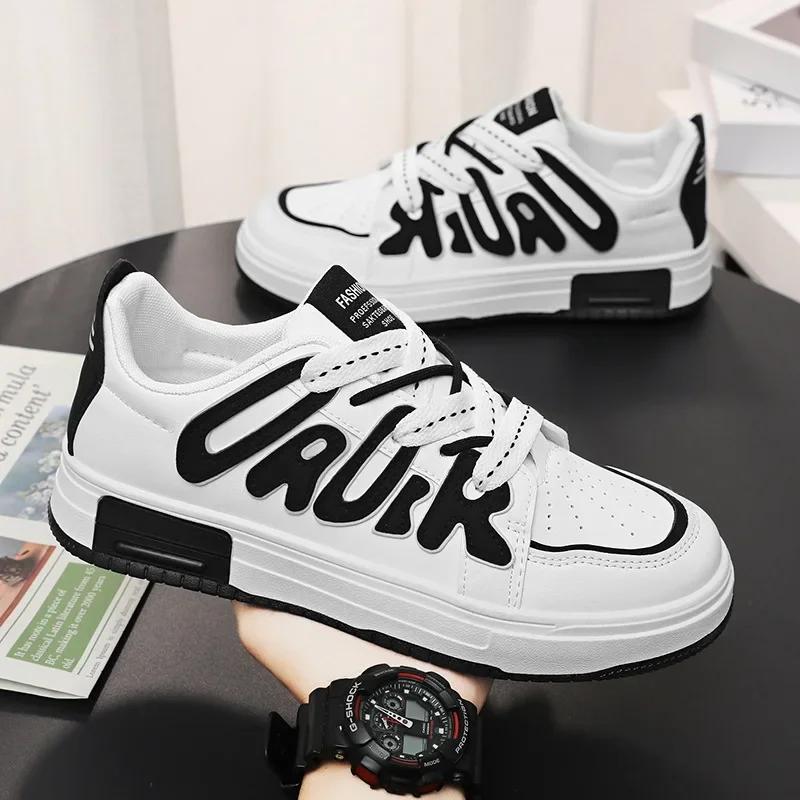 Trendy Men's Sneakers Autumn White Lace Up Running Shoes New Korean Style Men's Platform Skateboard Shoes Tenis Masculino