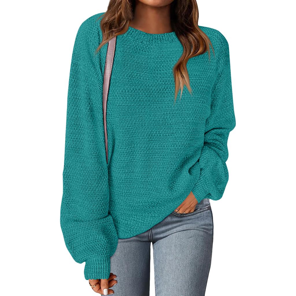 Women's Fashion Round Neck Pullover Sweater Casual Versatile Solid Color Knit Top