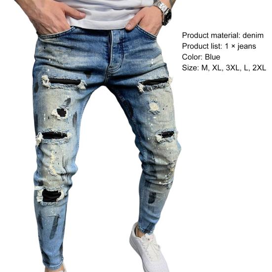 Men Jeans Ripped Whitewashed Multi Pockets Bottoms Skinny Washable Denim Pants Streetwear
