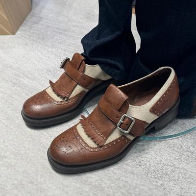 British Style Loafers Shoes for Women Belt Buckle Round Toe Fringe Embroidery Platform Low Heel Female Shoes Mixed Color Shoes