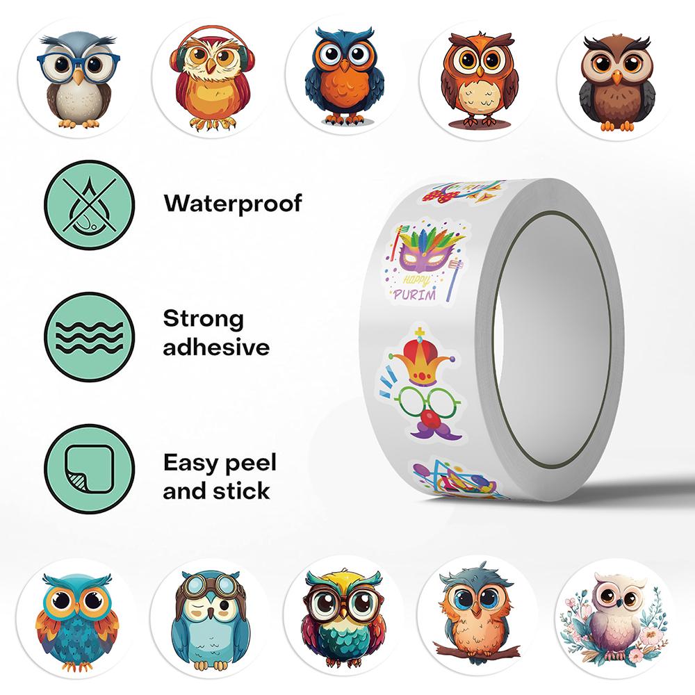 500pcs/Roll Cartoon Owl Handbook Roll Sticker PVC Material DIY Notebook Children's Daily Toy Scrapbook Waterproof Party Stickers