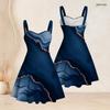 Women Plus Size Off Shoulder Sleeveless Square Neck Strappy Dress Navy Blue Printed Fitted Waist Flared Hem