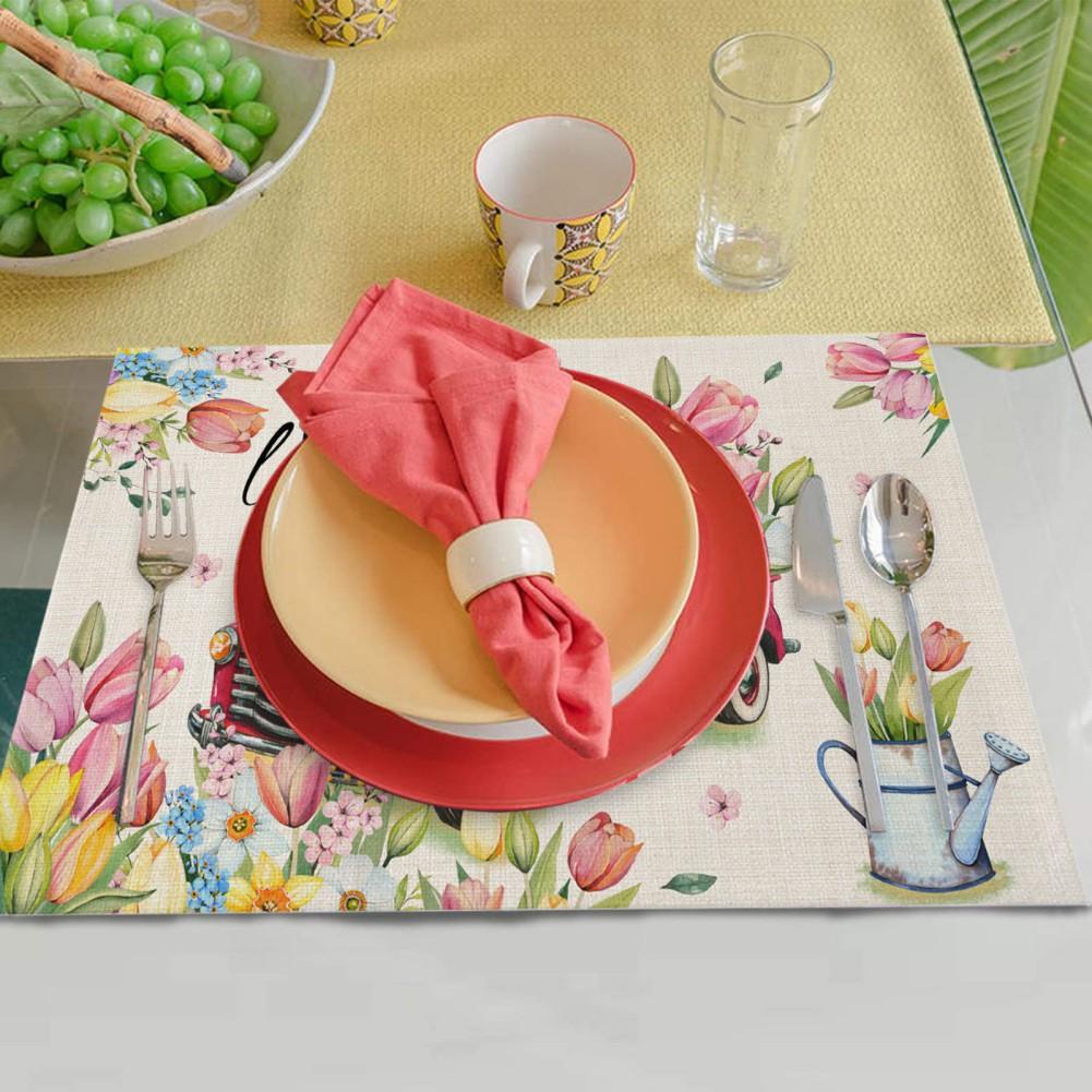 4pcs Easter Placemats Cotton Linen Heat Resistant Table Mats Non-Slip Easter Bunny Gnome Placemat Decoration for Home Kitchen