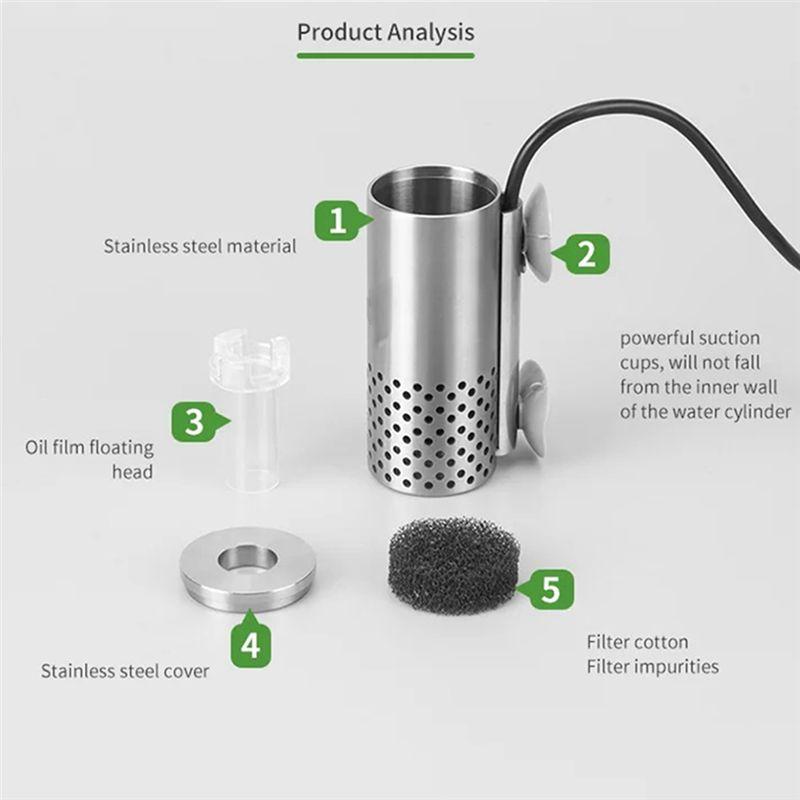 Praktisch-Aquarium Elektrische Ölentfernung Elektrischer Ölentferner Edelstahl USB-Filter Selbstansaugend Schwimmender Kopf Ölfilm Proc