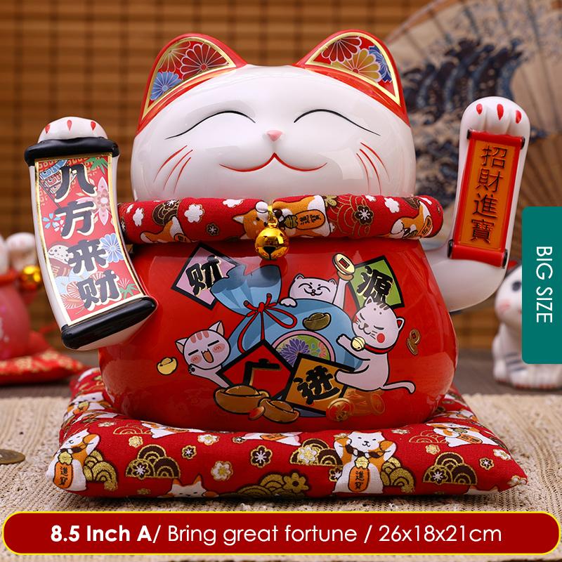 6.5/8.5 Inch Ceramic Beckoning Cat Maneki Neko Ornament Swing Lucky Fortune Cat Feng Shui Decoration Centerpiece Business Gift