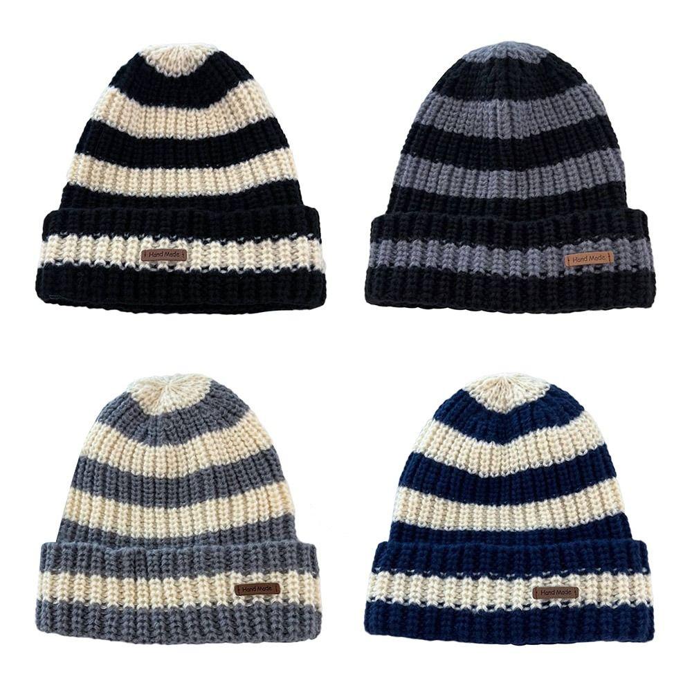 Thickened Winter Hats Stripe Knitted Hat Casual Bonnet Cap for Men Women