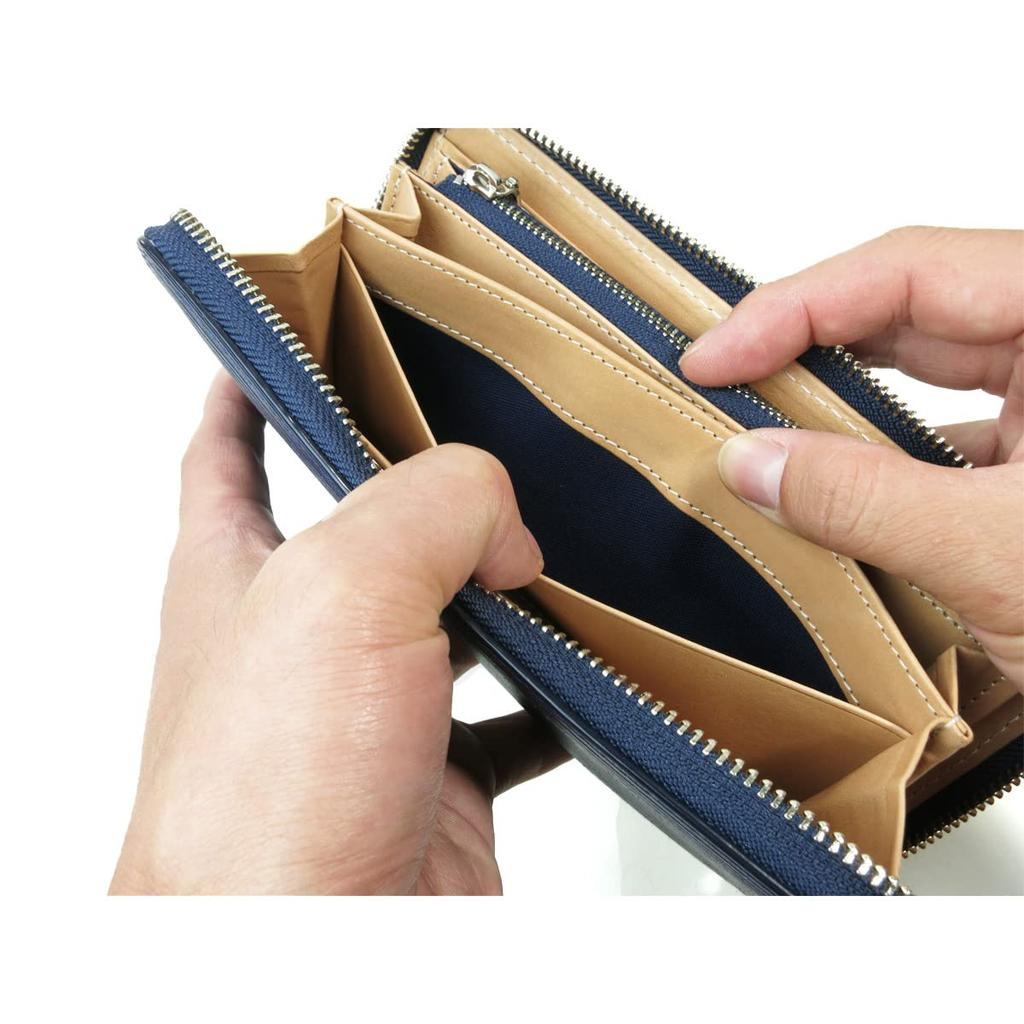 Baggy Port Long Zip-Around Wallet in Indigo-Dyed Leather with Straight Embossed Pattern, Men's, Women's, Unisex, ZYS-297 (Dark Blue)