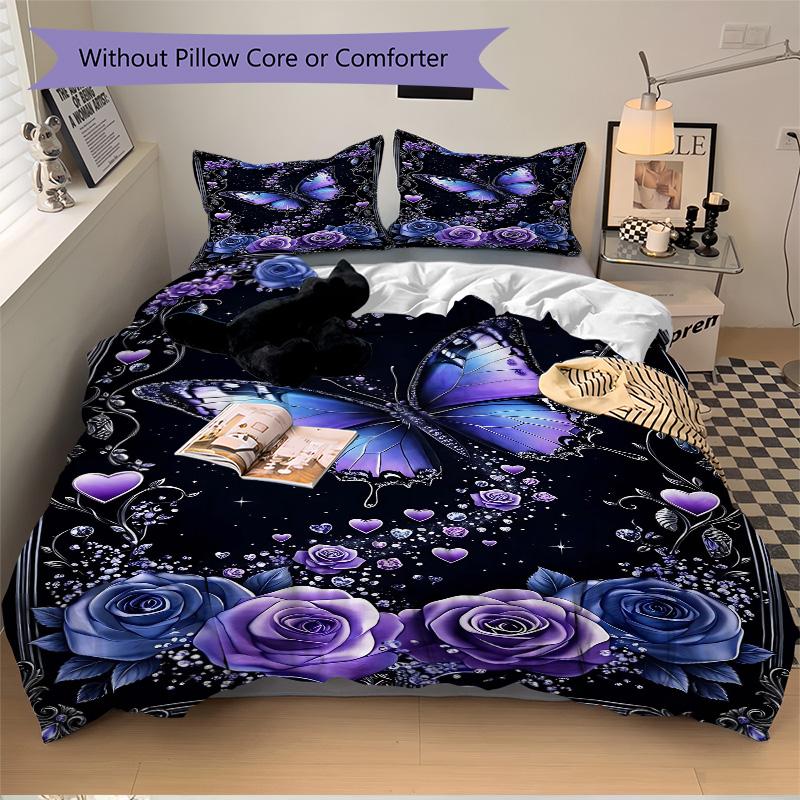 Purple Butterfly Roses Print 3Pcs Bedding Setduvet Cover With 2 Bedropillowcase Home Birthday Gift