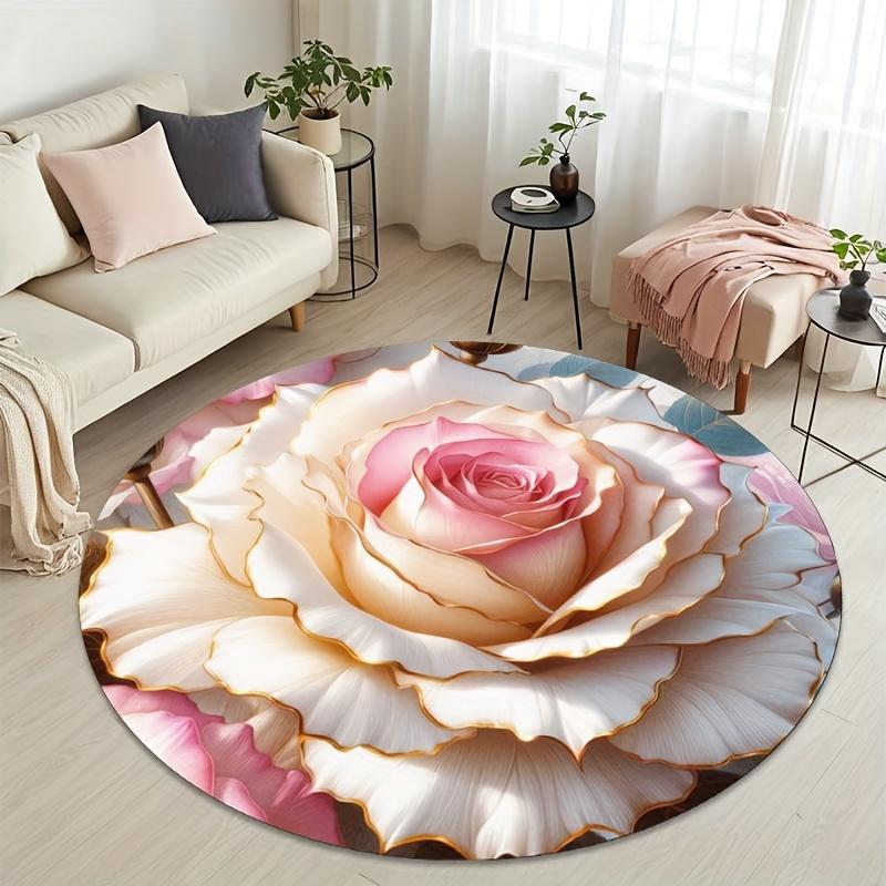 Covoraș de lux, cu margine aurie, cu trandafiri, în formă rotundă, covoraș de bucătărie, hol, covor pentru hol, dormitor, sufragerie, covor moale, covor anti-alunecare