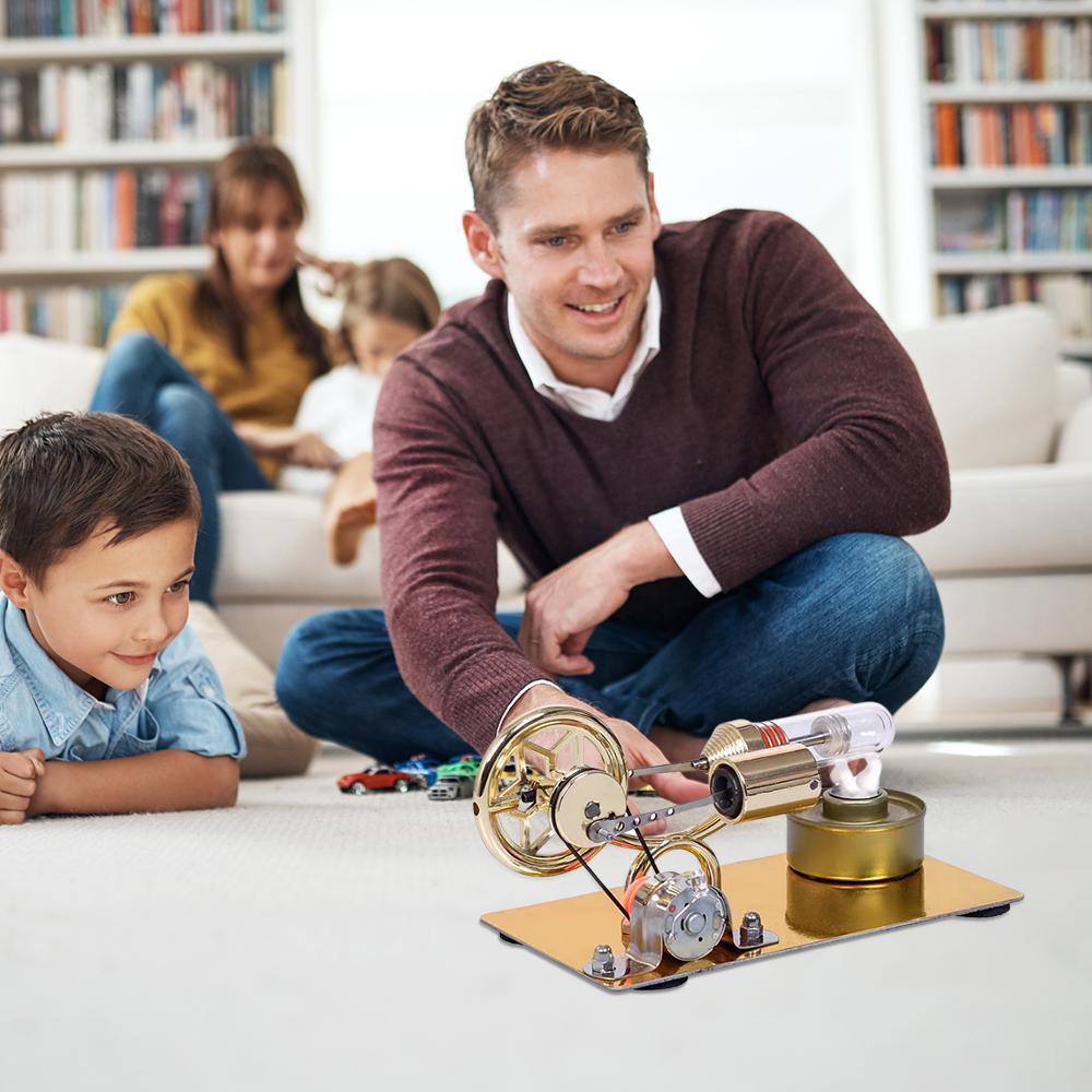 Hot Air Stirling Engine Motor Model Electricity Generator Motor with LED Bulb Six Pointed Star Pattern Flywheel DIY