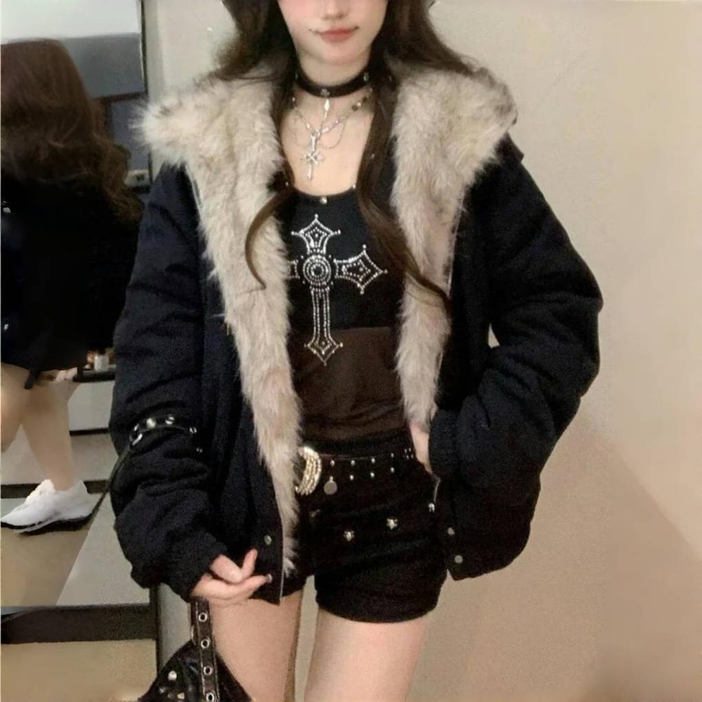 2KWEIRD Zimní Nový Elegantní Podšívka Kožešina Volný Kabát Dámský Y2k Kožešinový Límec Kapuce Silné Módní Parky Ležérní Svrchní Oblečení Bavlnou Polstrované Bundy