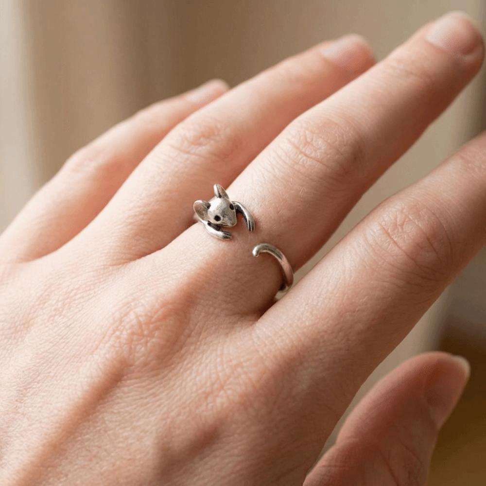 Zinc Zinc Alloy Adjustable Ring Silver Animal Ring Fashion Retro Mouse Ring  Gift