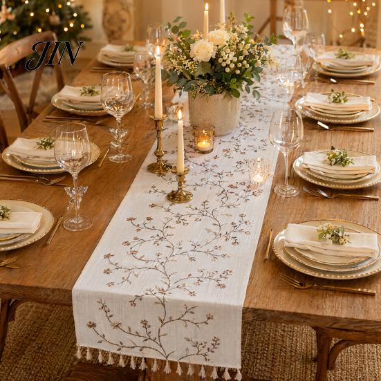 Floral Embroidery Table Runner Embroidered Runner, Elegant Dining Cover, White Rustic Durable for with Tassels Home Wedding Bridal Shower Decor