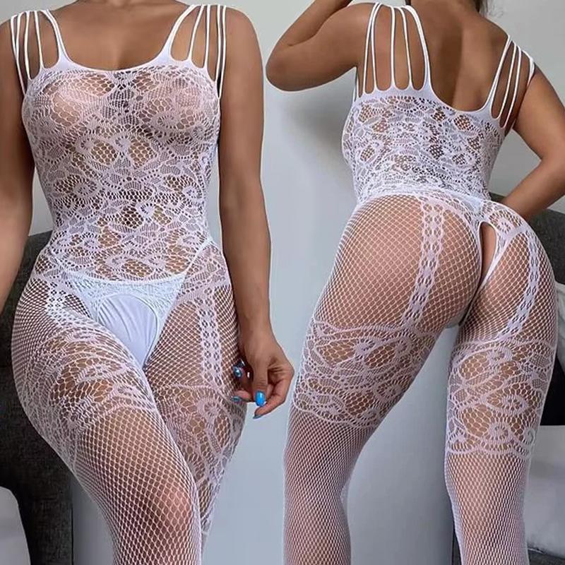 White Lace Pattern Bras Set Porn Underwear Women Mesh Hollow Bodystocking Sexy Baby Doll Dress Erotic Crotchless Lingerie Sets