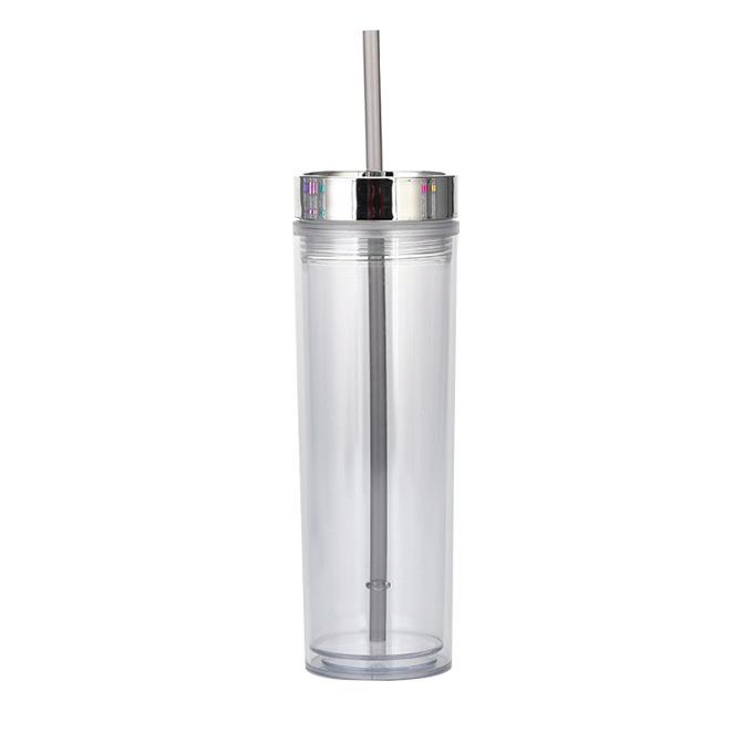 16Oz Double-Layer Plastic Straw Cup, Simple Skinny Straight Cup, Fixed Rose Gold Electroplated Lid Water Cup