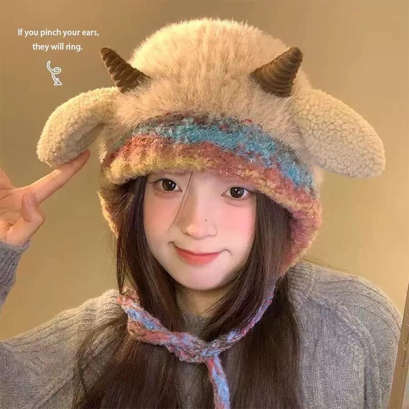 Cute Thicken Plush Knitted Hat Women's Hat Winter Warm Windproof Ear Protection Beanies Hat Women Comfortable Horn Pullover Hats