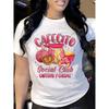 European Size Plus Size, Women's "Cafecito Social Club" Coffee & Cake Print T-Shirt - Casual Round Neck, Short Sleeve, Stretchy Polyester Blend