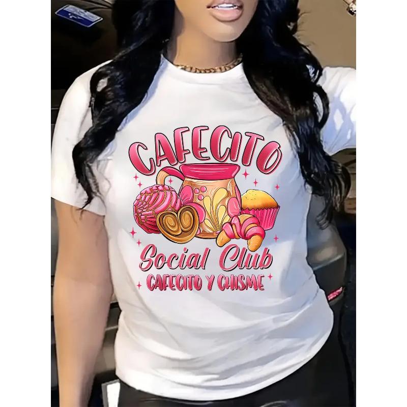 

European Size Plus Size, Women s Cafecito Social Club Coffee & Cake Print T-Shirt - Casual Round Neck, Short Sleeve, Stretchy Polyester Blend S белый