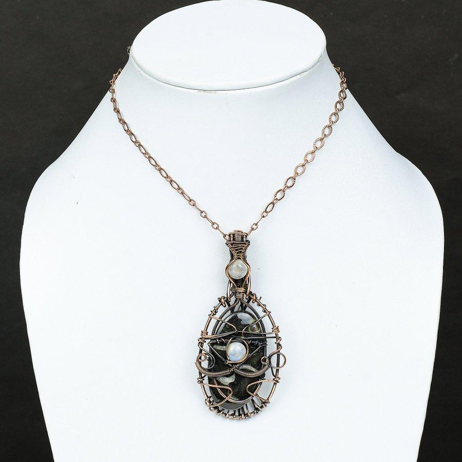 Septarian Stone, Moonstone Gemstone Copper Wire Wrap Jewelry Pendant 3.35"