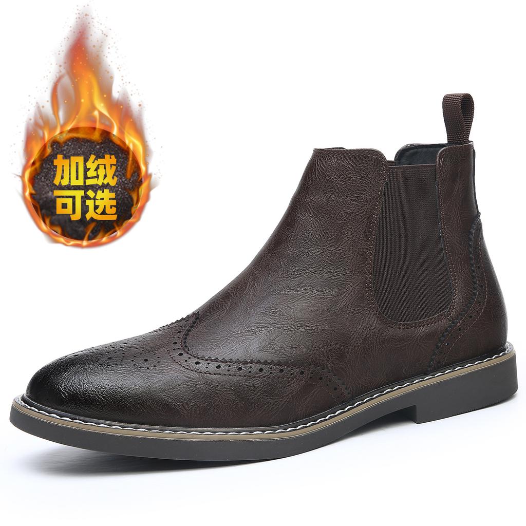Chelsea Boots Men's British Style Carved Short Boots Soft Leather Retro High-top Men's Leather Boots Autumn and Winter Velvet Martin Boots