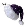 Santa Hat Christmas Sparkly for Women Men, Glitter Sequin with White Fluffy Trim Festive Costume Accessories Cosplay And Pom Pom, Holiday Party Bling