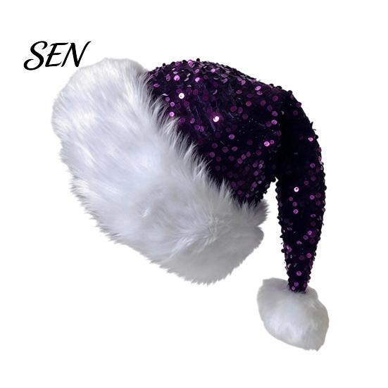 Santa Hat Christmas Sparkly for Women Men, Glitter Sequin with White Fluffy Trim Festive Costume Accessories Cosplay And Pom Pom, Holiday Party Bling
