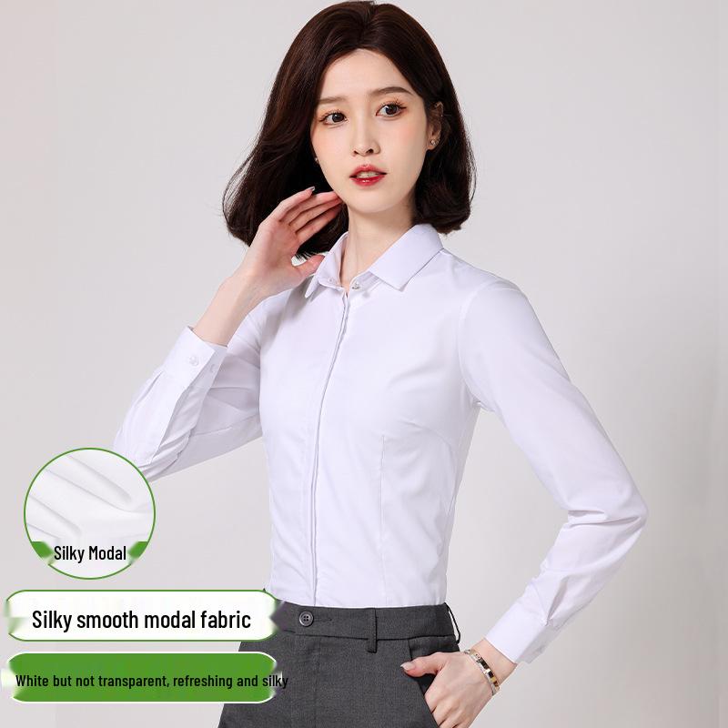 Women's Long Sleeve Professional White Stretch Shirt for College Students and Teachers