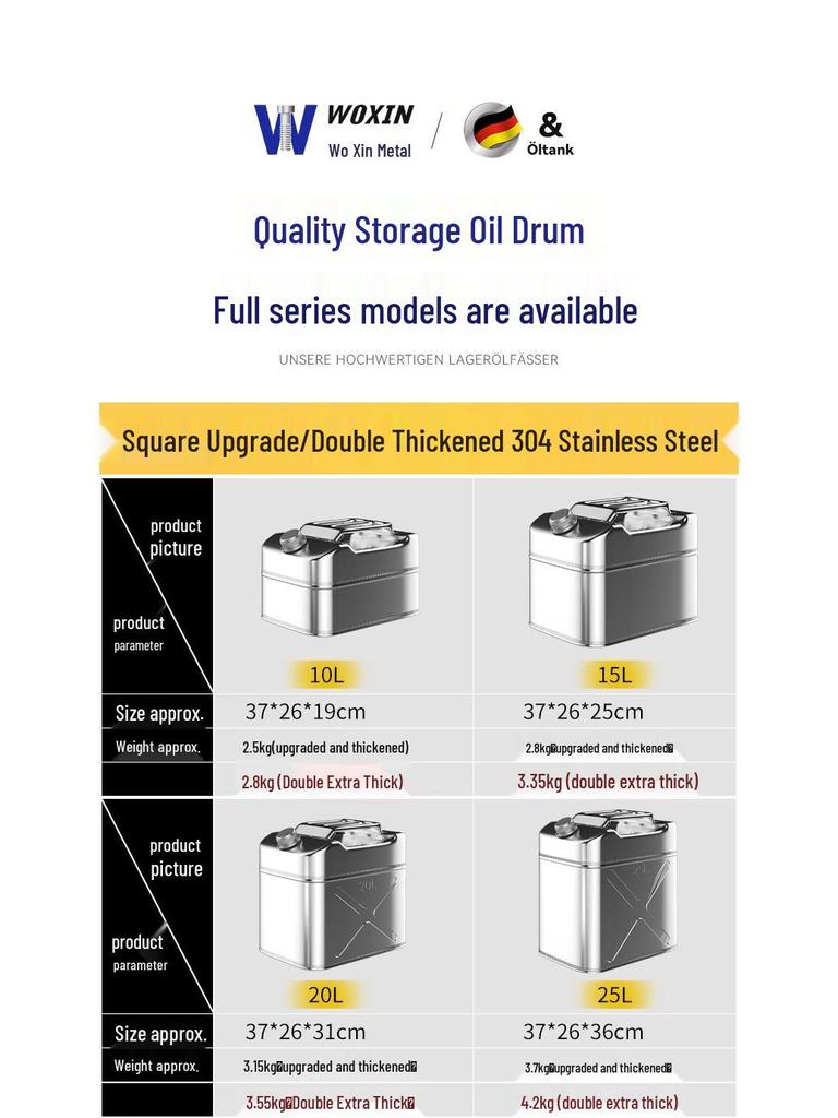 Stainless Steel Fuel Can - 304 Gasoline & Diesel, 10L/20L/30L, Thickened Portable Car Spare Tank