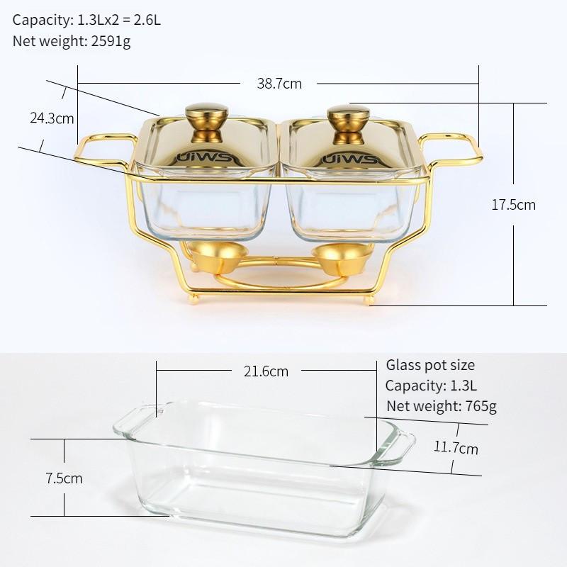 Большая вместимость Золотой Прямоугольный Стеклянный Обеденный Подогреватель для еды Отель Ресторан Подогреватель для еды Контейнер Набор подносов для шведского стола