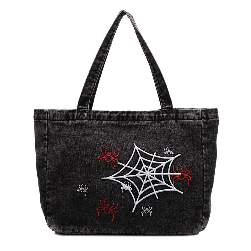 Large Capacity Denim Tote Bag Women's Travel Bag Embroidery Commuter Shoulder Bag