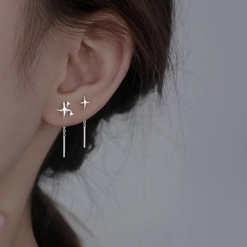 925 Silver Gold Star Earring For Women Gift Simple Tassels Chain Asymmetry Jewelry