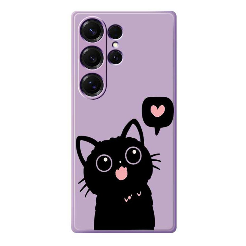 

For Samsung Galaxy S25 Ultra Case Love Black Cat Pattern Printing Straight Edge TPU Phone Back Cover Purple